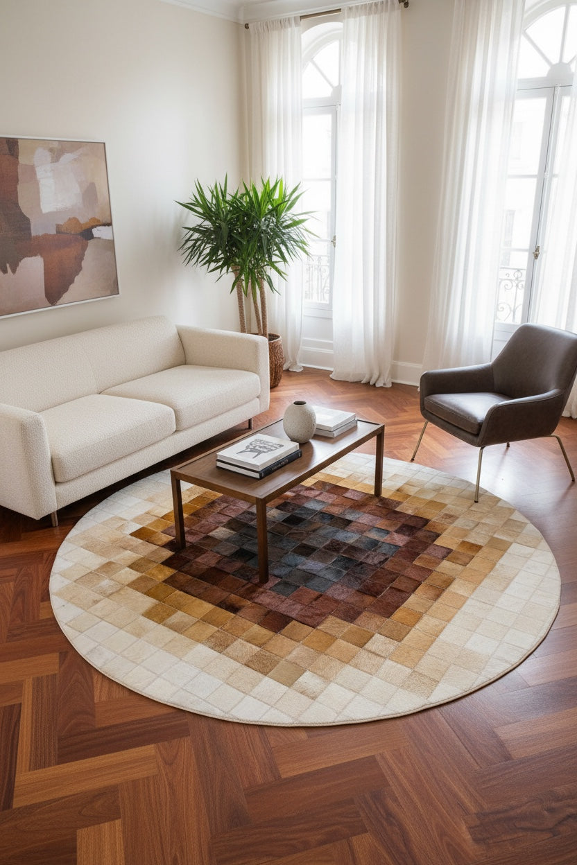 Patchwork Round Original Leather Rug – 150X150 by Camel Carpet