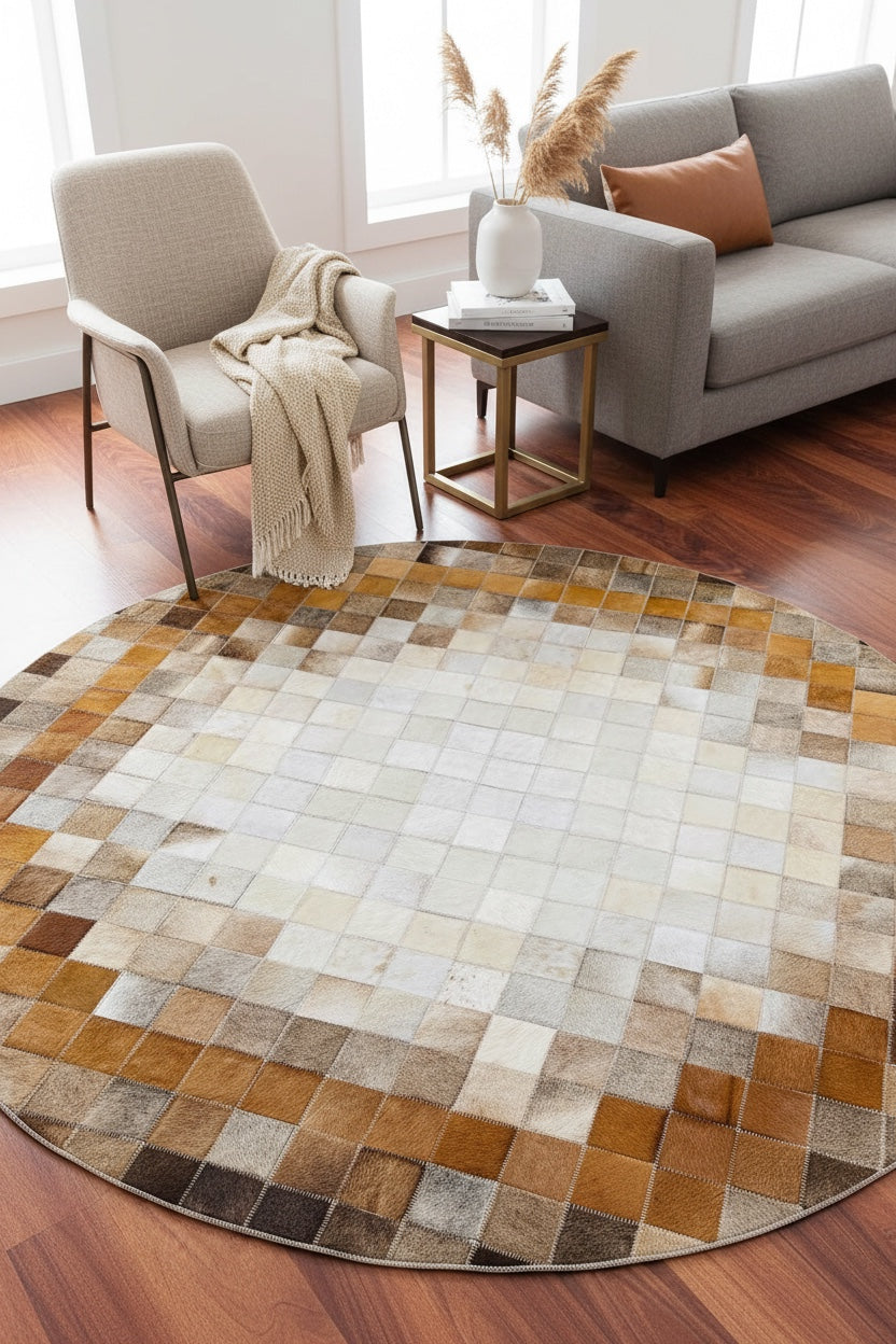 Patchwork Round Original Leather Rug – 150X150 by Camel Carpet
