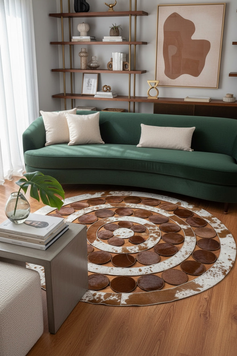 Polka Dot Round Original Leather Rug by Camel Carpet