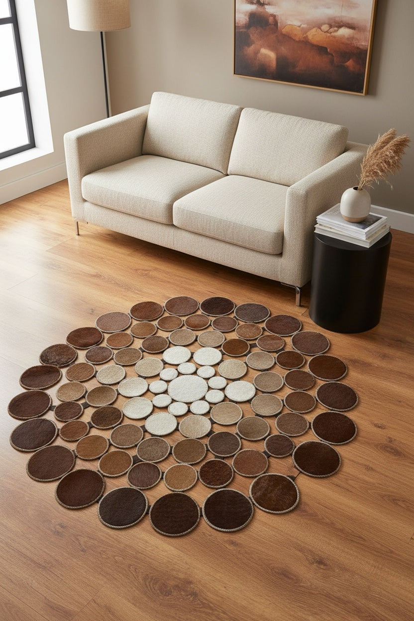 Polka Dot Round Original Leather Rug by Camel Carpet