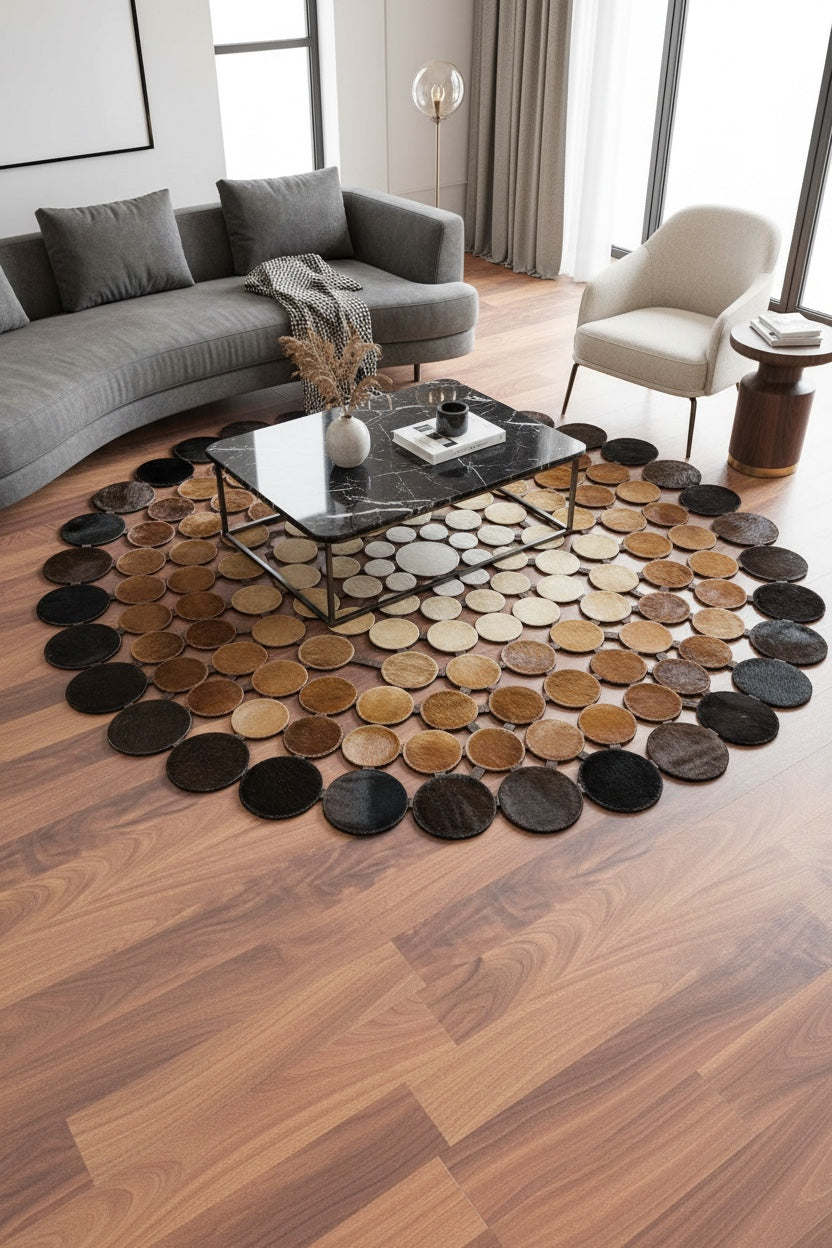 Polka Dot Round Original Leather Rug – 150X150 by Camel Carpet
