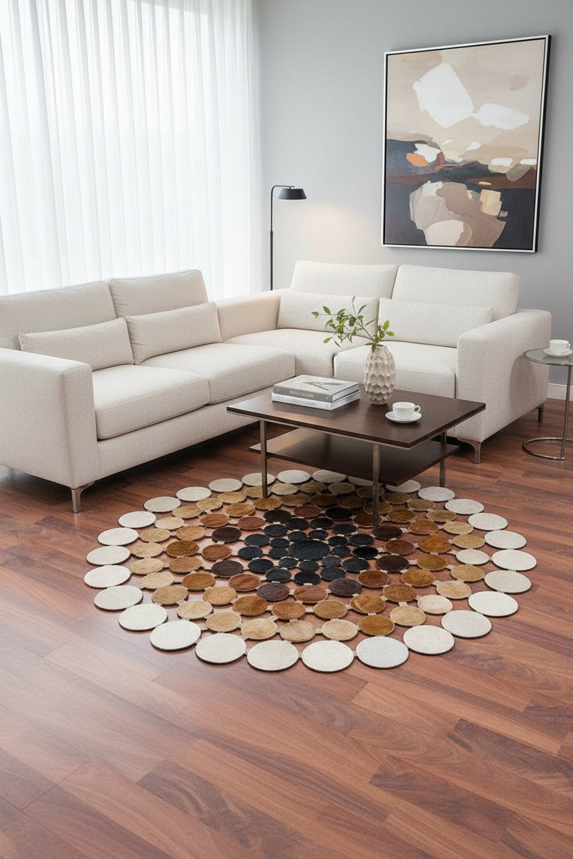 Polka Dot Round Original Leather Rug – 150X150 by Camel Carpet