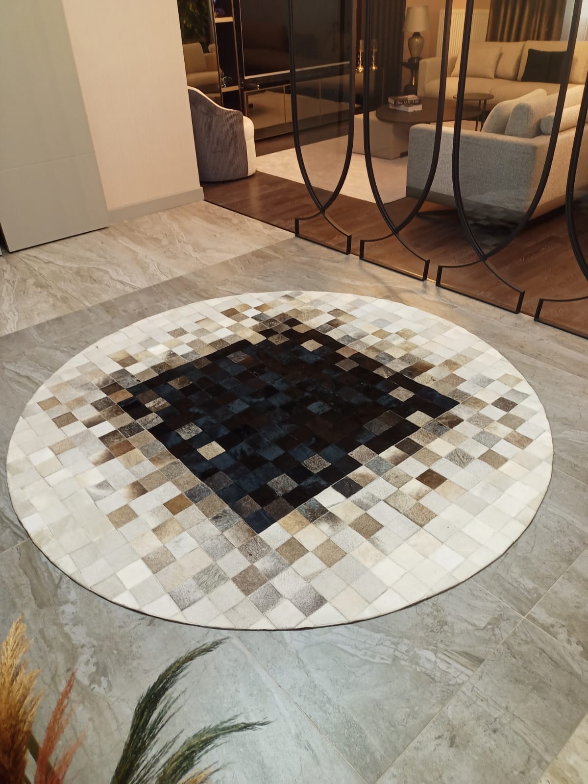 Patchwork Round Original Leather Rug by Camel Carpet