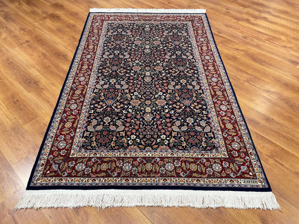 Hereke Yedidagin Cicegi Patterned Navy Handwoven Rug by Camel Carpet