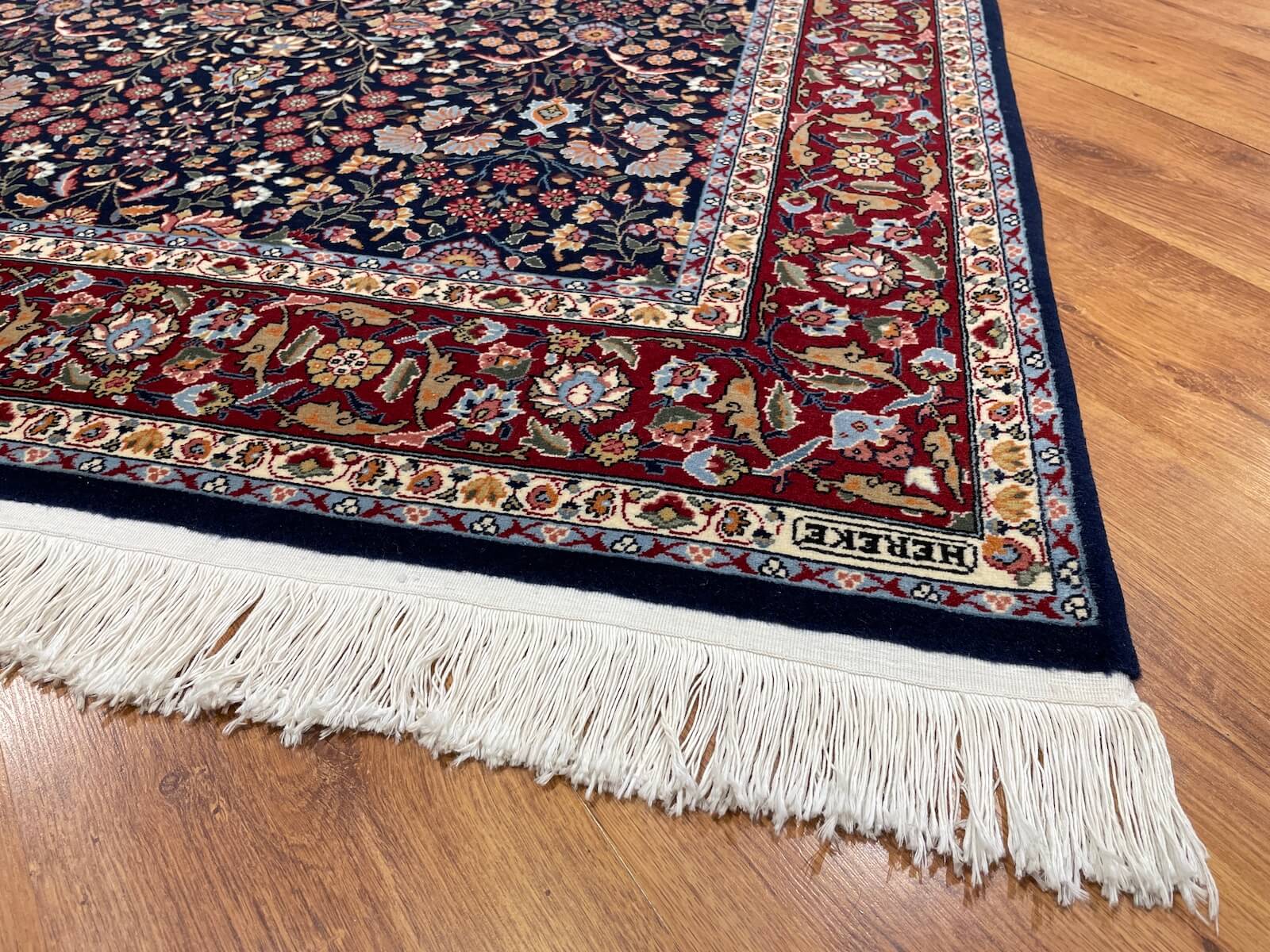 Hereke Yedidagin Cicegi Patterned Navy Handwoven Rug by Camel Carpet