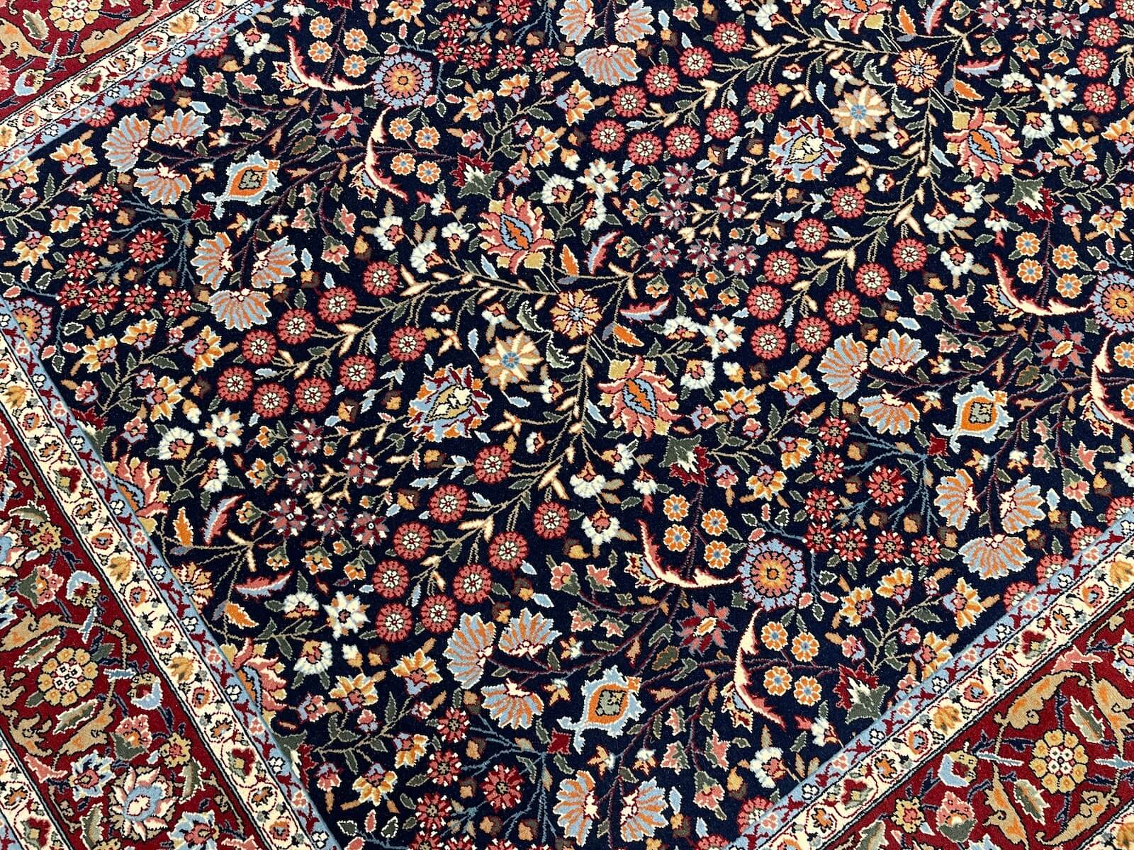Hereke Yedidagin Cicegi Patterned Navy Handwoven Rug by Camel Carpet
