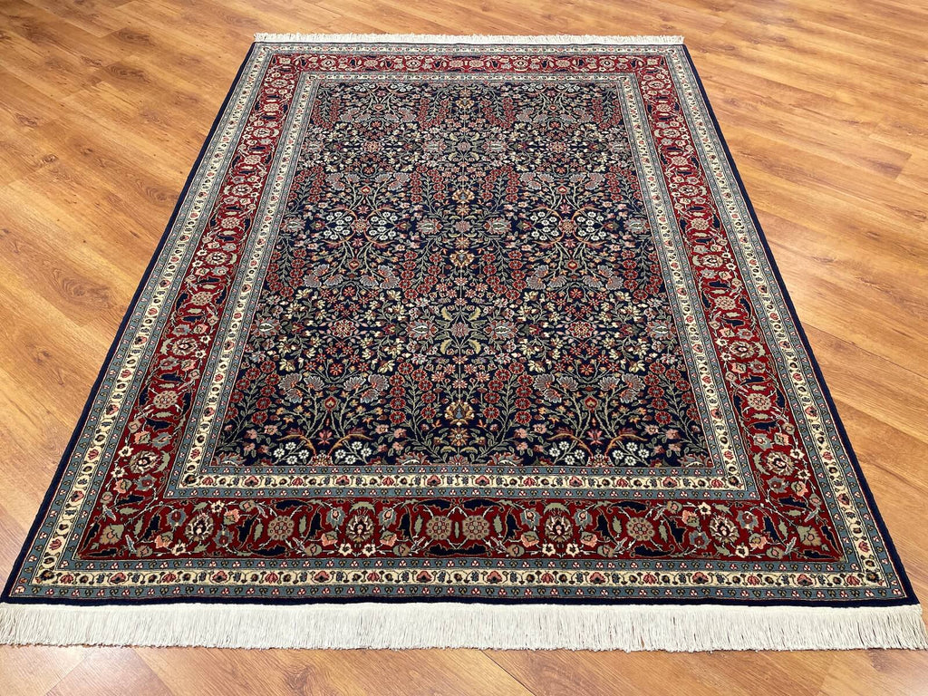 Hereke Yedidagin Cicegi Patterned Navy Handwoven Rug by Camel Carpet