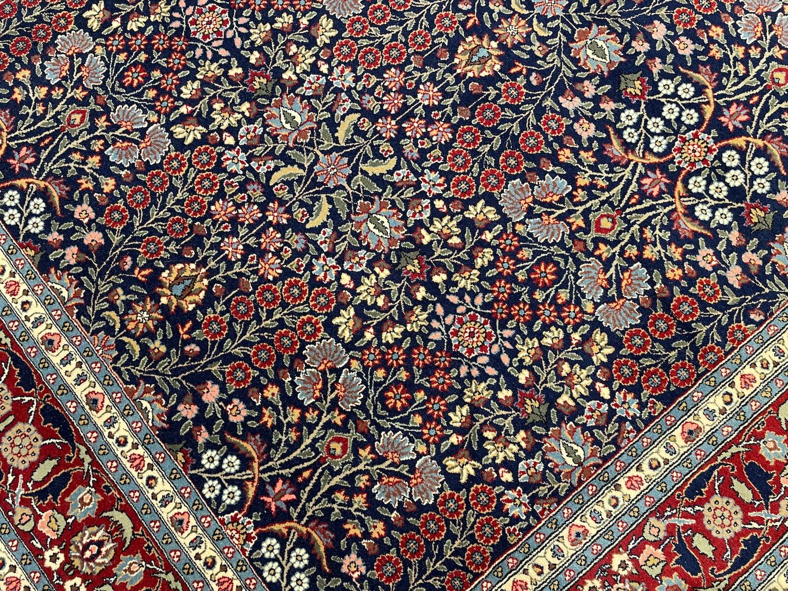 Hereke Yedidagin Cicegi Patterned Navy Handwoven Rug by Camel Carpet