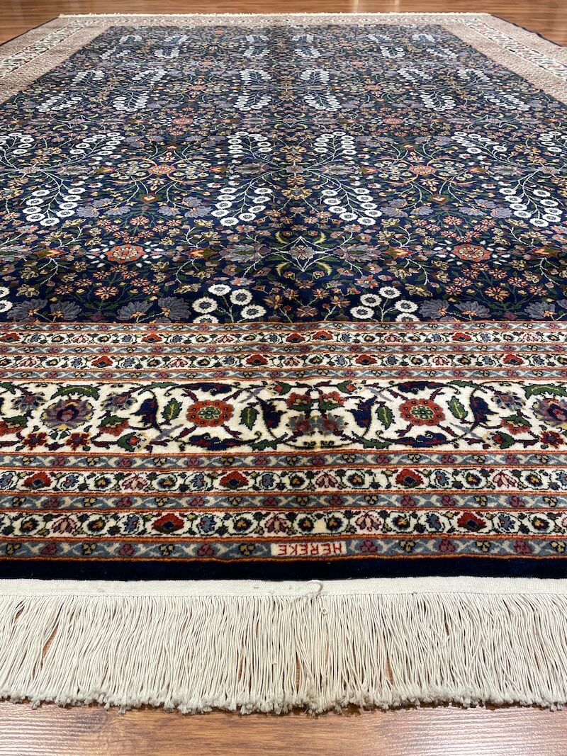 Hereke Yedidagin Cicegi Patterned Navy Handwoven Rug by Camel Carpet