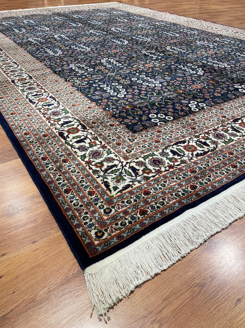 Hereke Yedidagin Cicegi Patterned Navy Handwoven Rug by Camel Carpet