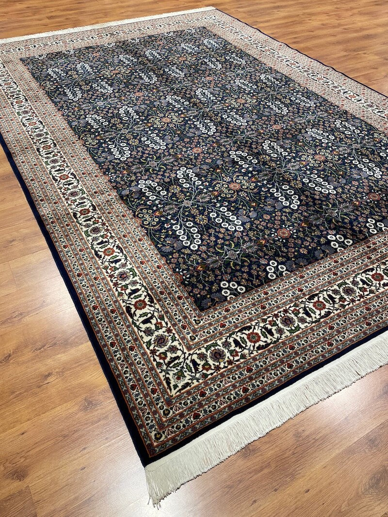 Hereke Yedidagin Cicegi Patterned Navy Handwoven Rug by Camel Carpet
