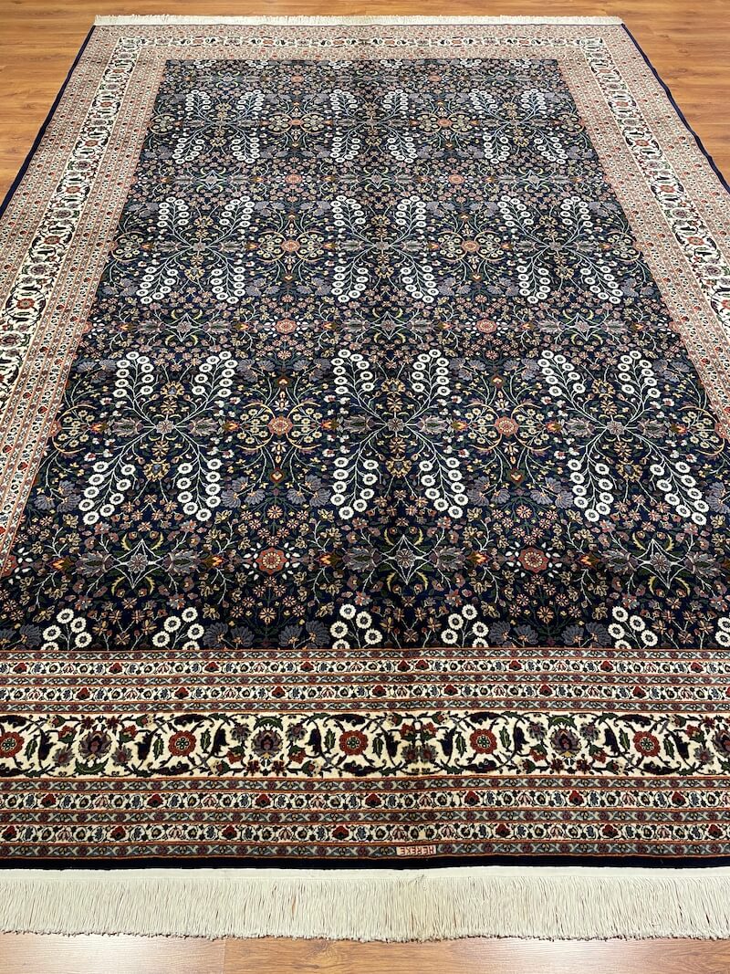 Hereke Yedidagin Cicegi Patterned Navy Handwoven Rug by Camel Carpet