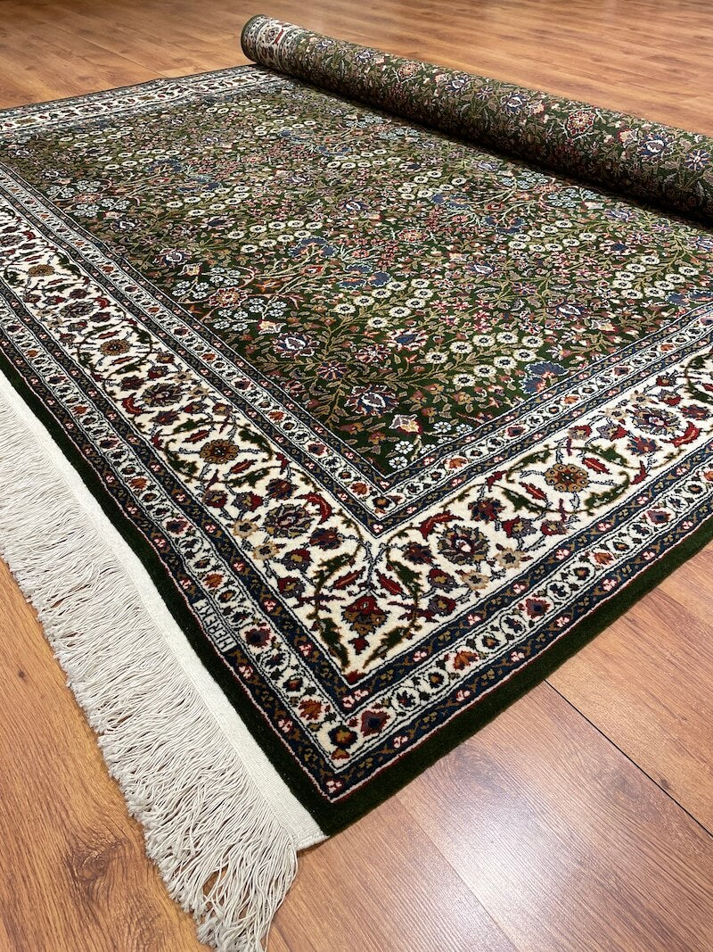 Hereke Yedidagin Cicegi Patterned Green Handwoven Rug by Camel Carpet