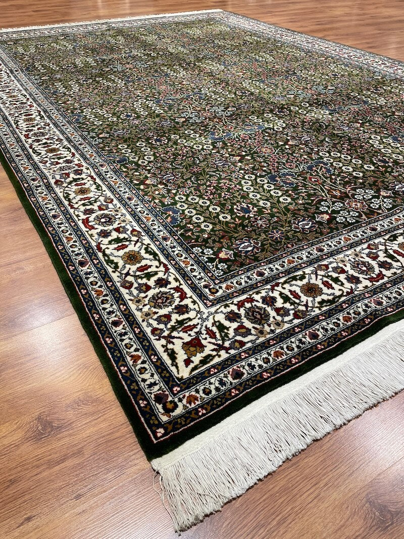 Hereke Yedidagin Cicegi Patterned Green Handwoven Rug by Camel Carpet
