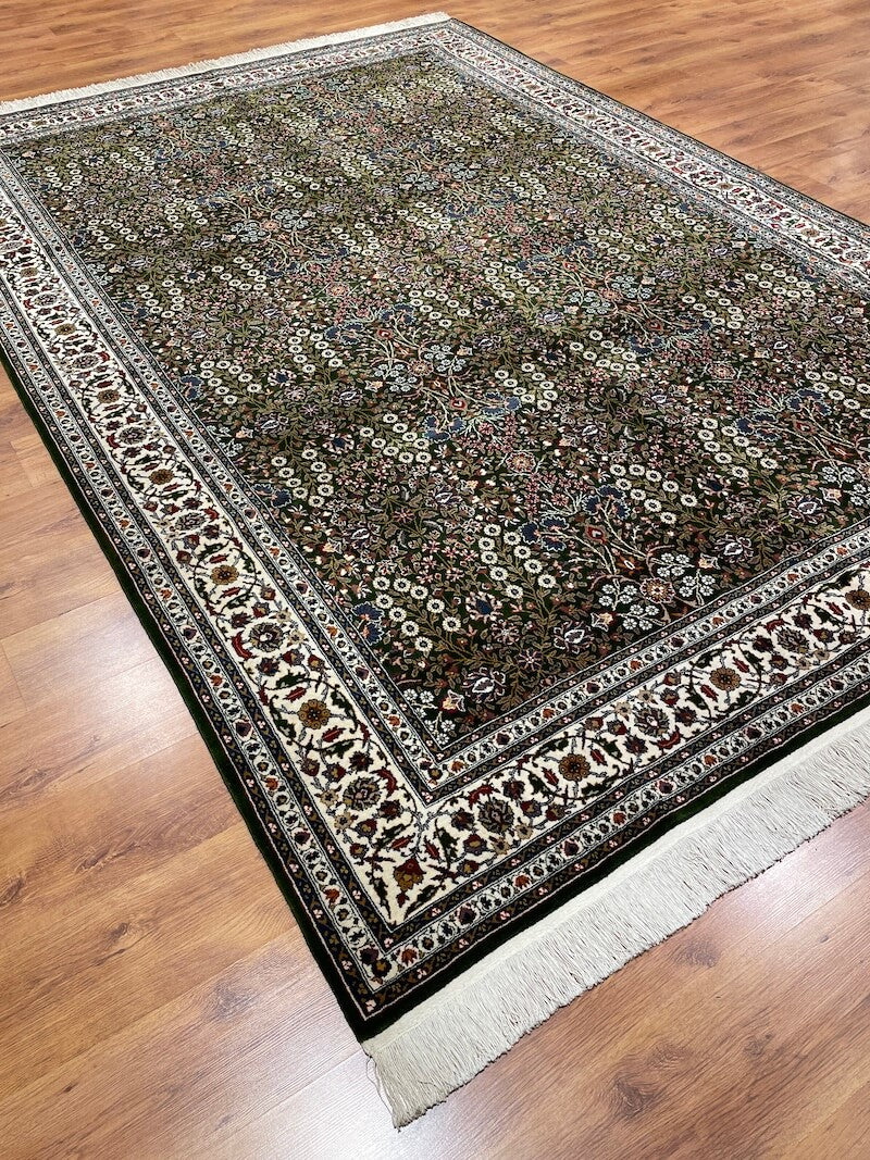 Hereke Yedidagin Cicegi Patterned Green Handwoven Rug by Camel Carpet