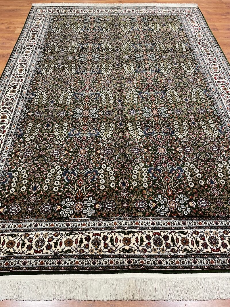 Hereke Yedidagin Cicegi Patterned Green Handwoven Rug by Camel Carpet