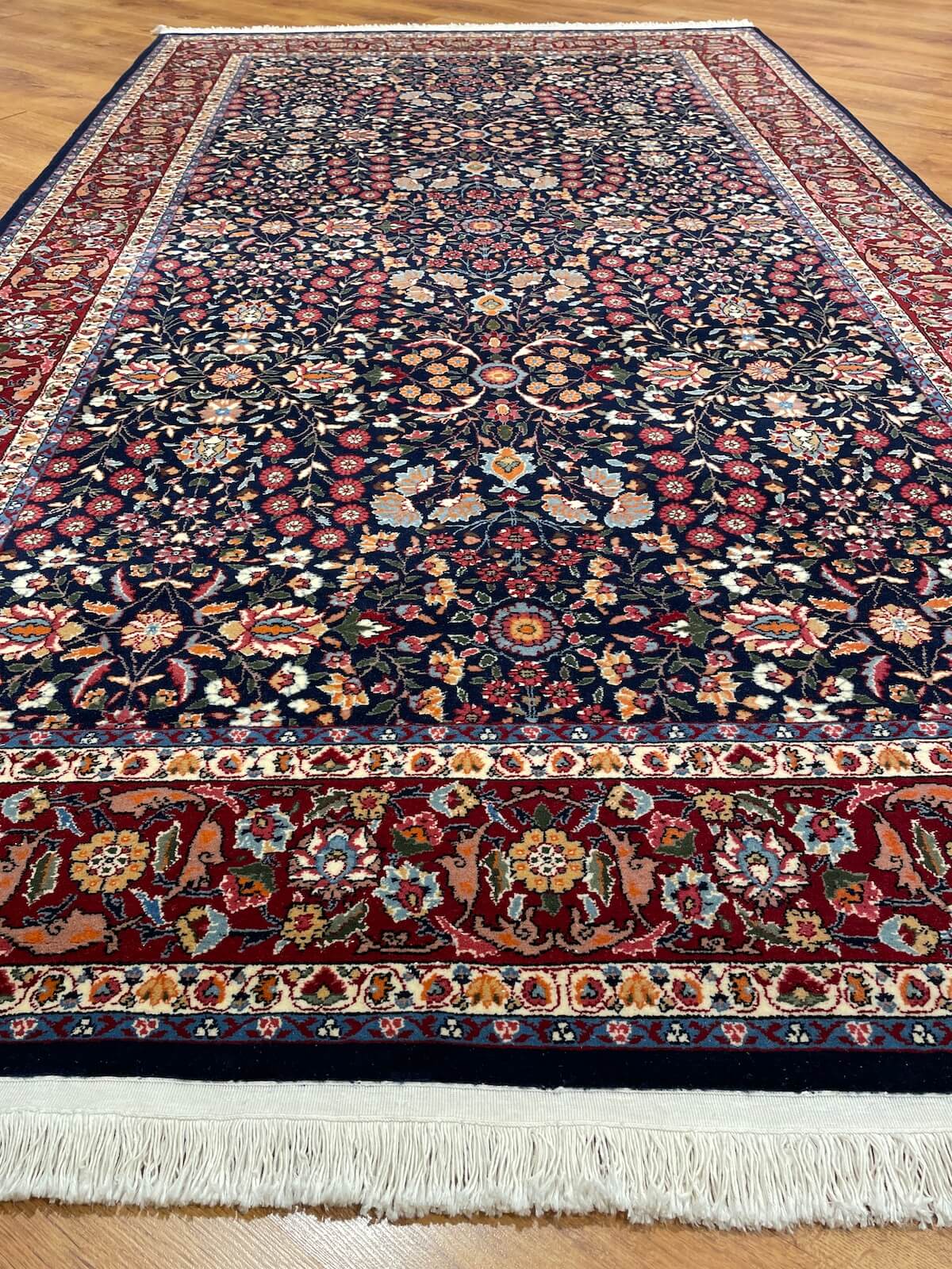 Hereke Yedidagin Cicegi Patterned Navy Handwoven Rug – 150X260 by Camel Carpet