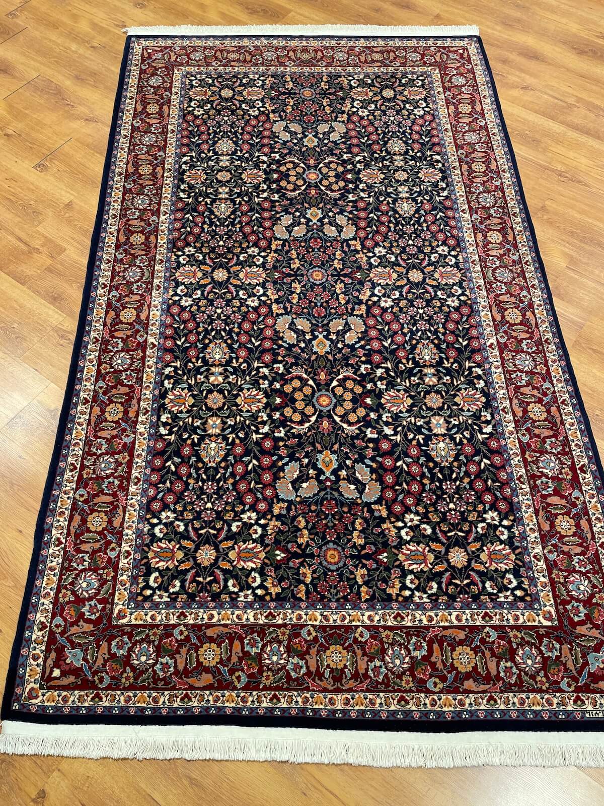 Hereke Yedidagin Cicegi Patterned Navy Handwoven Rug – 150X260 by Camel Carpet