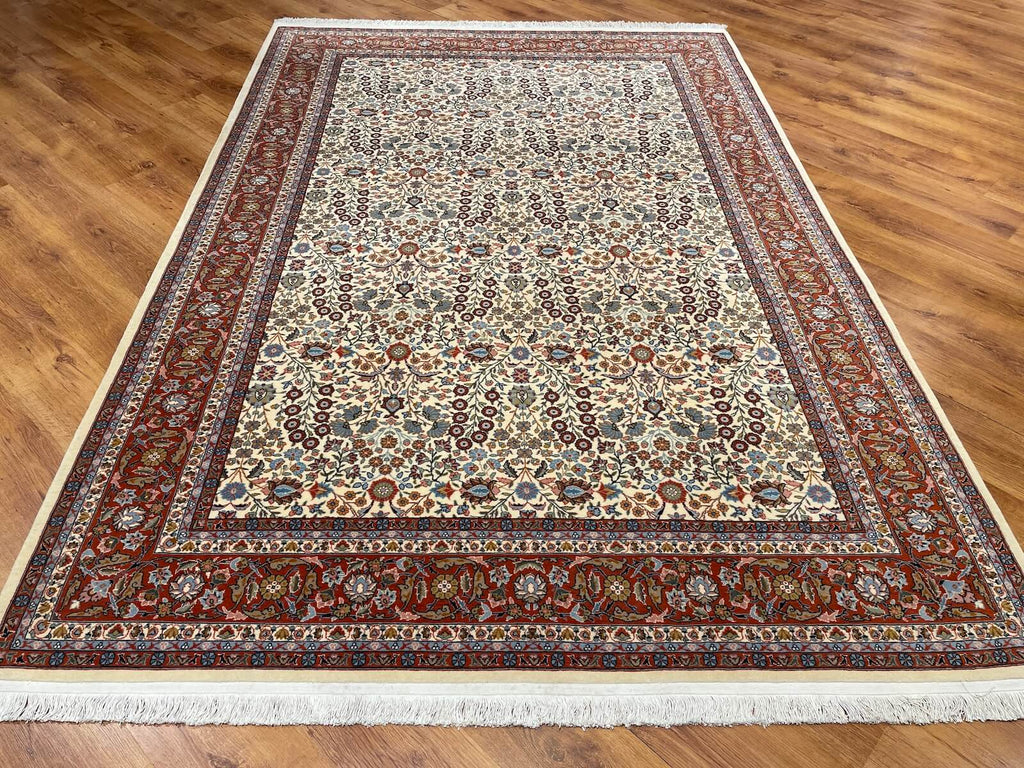 Hereke Yedidagin Cicegi Patterned Cream Handwoven Rug by Camel Carpet