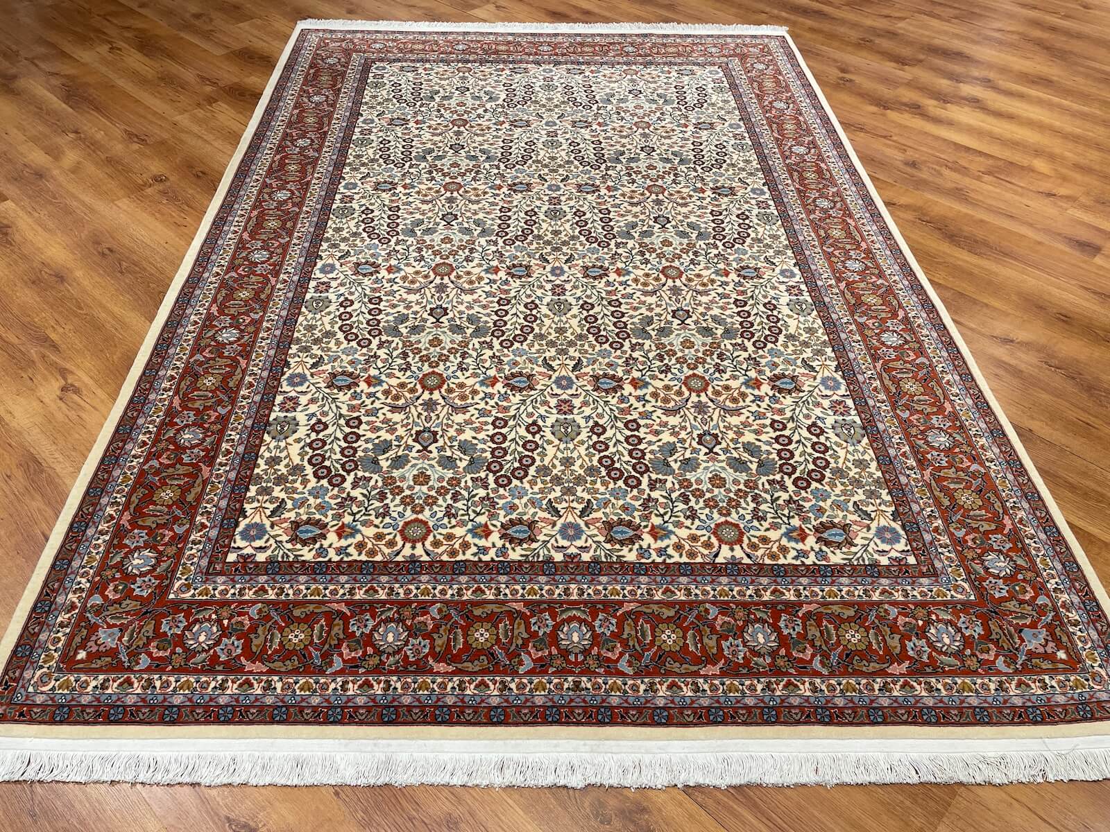 Hereke Yedidagin Cicegi Patterned Cream Handwoven Rug by Camel Carpet
