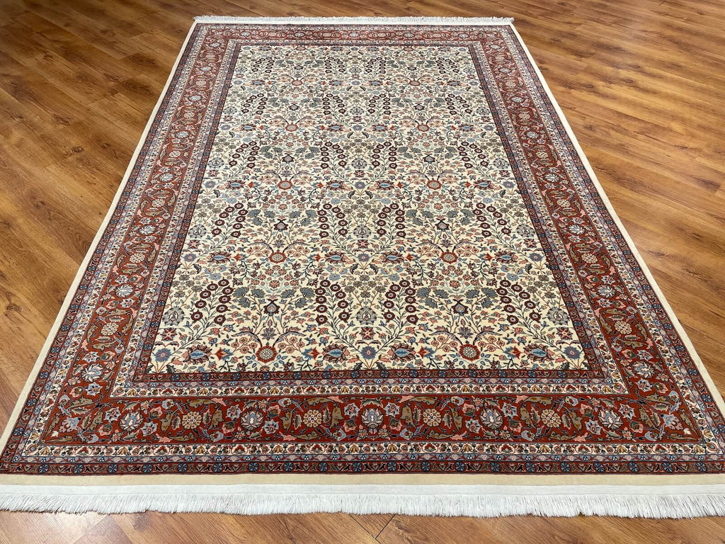 Hereke Yedidagin Cicegi Patterned Cream Handwoven Rug by Camel Carpet