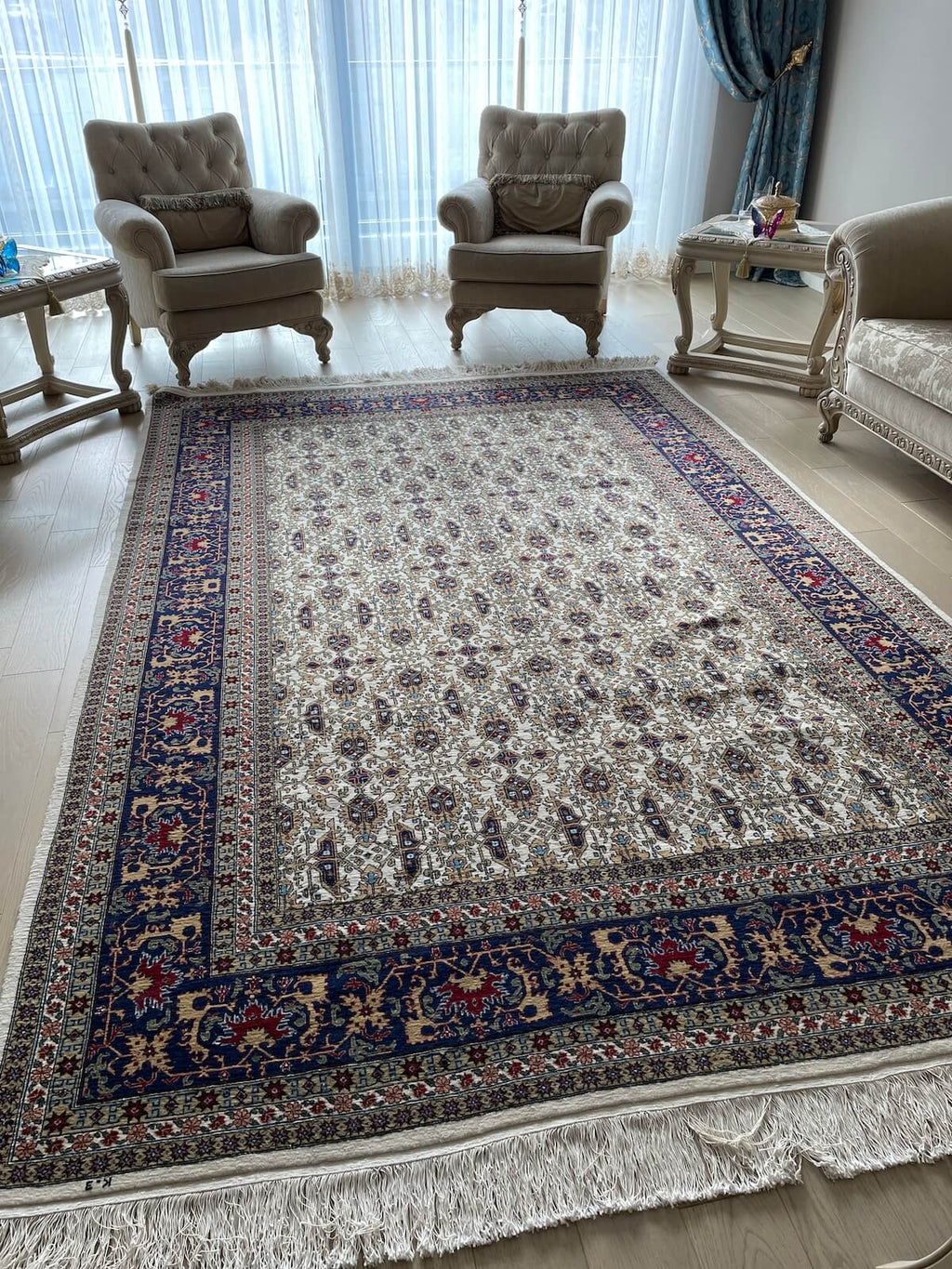 Hereke Cream Navy Handwoven Rug by Camel Carpet