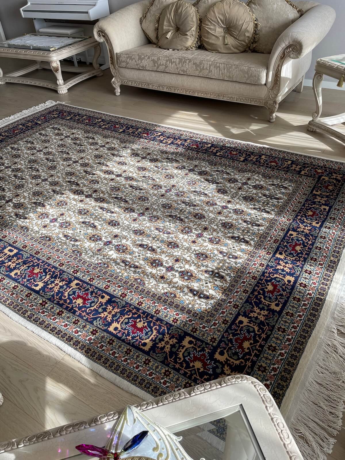 Hereke Cream Navy Handwoven Rug by Camel Carpet