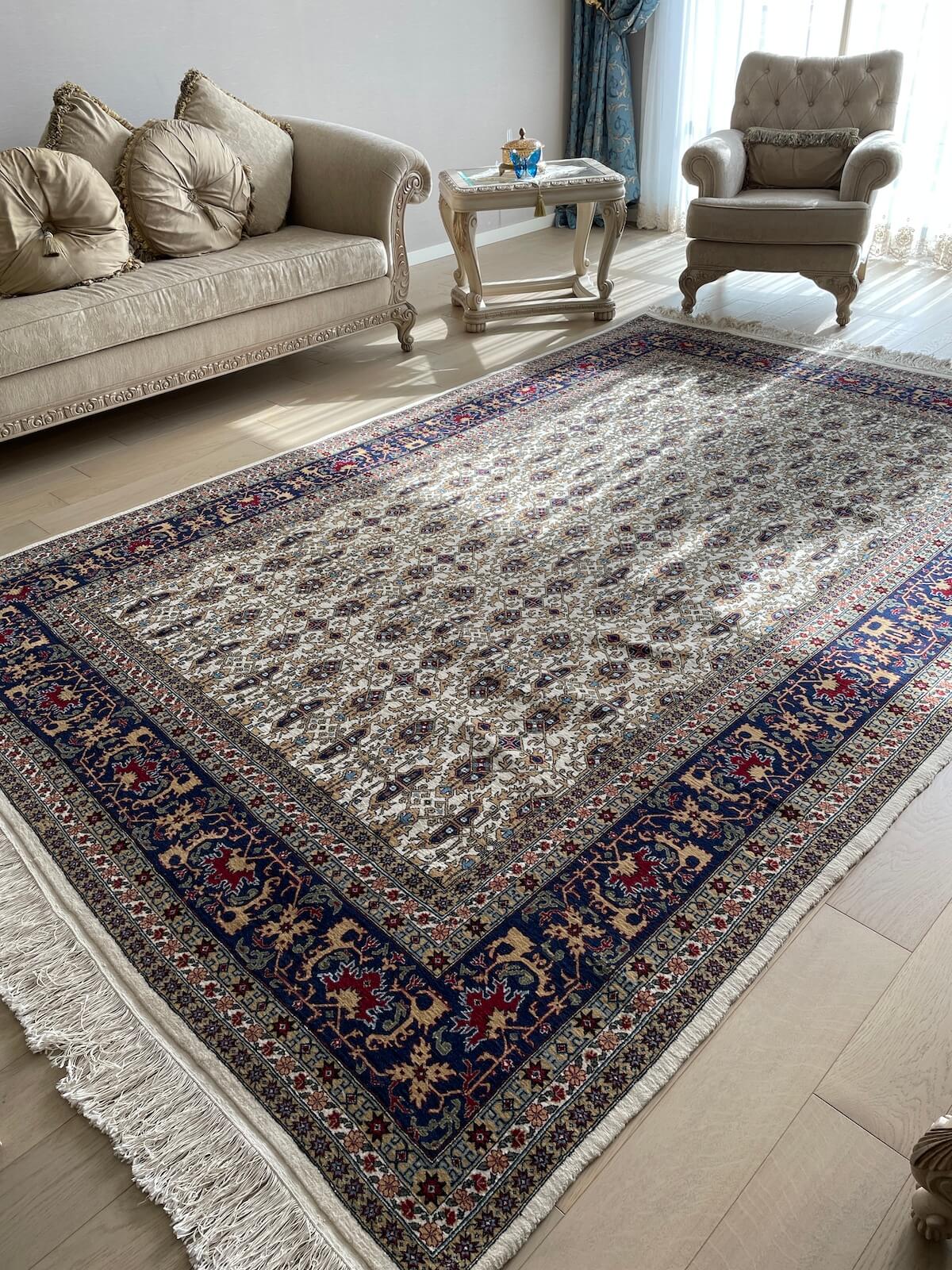 Hereke Cream Navy Handwoven Rug by Camel Carpet
