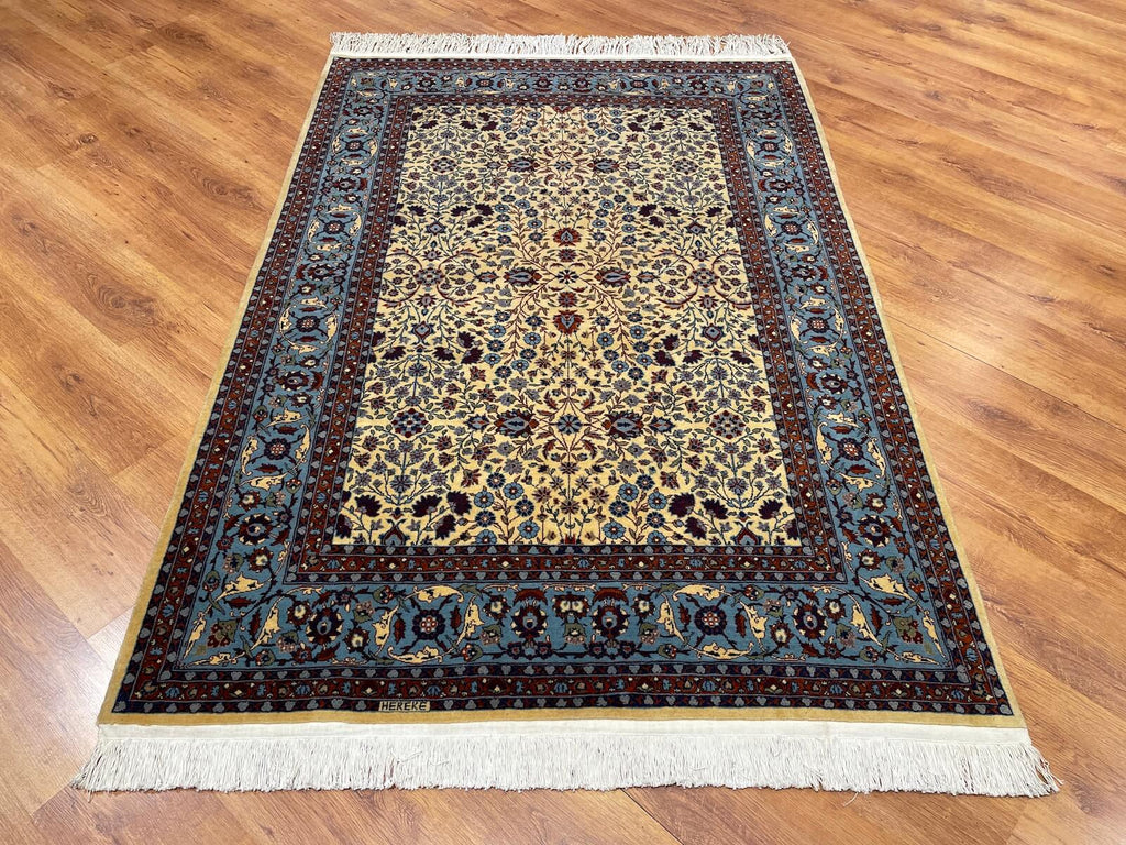 Hereke Yedidagin Cicegi Patterned Cream Handwoven Rug by Camel Carpet