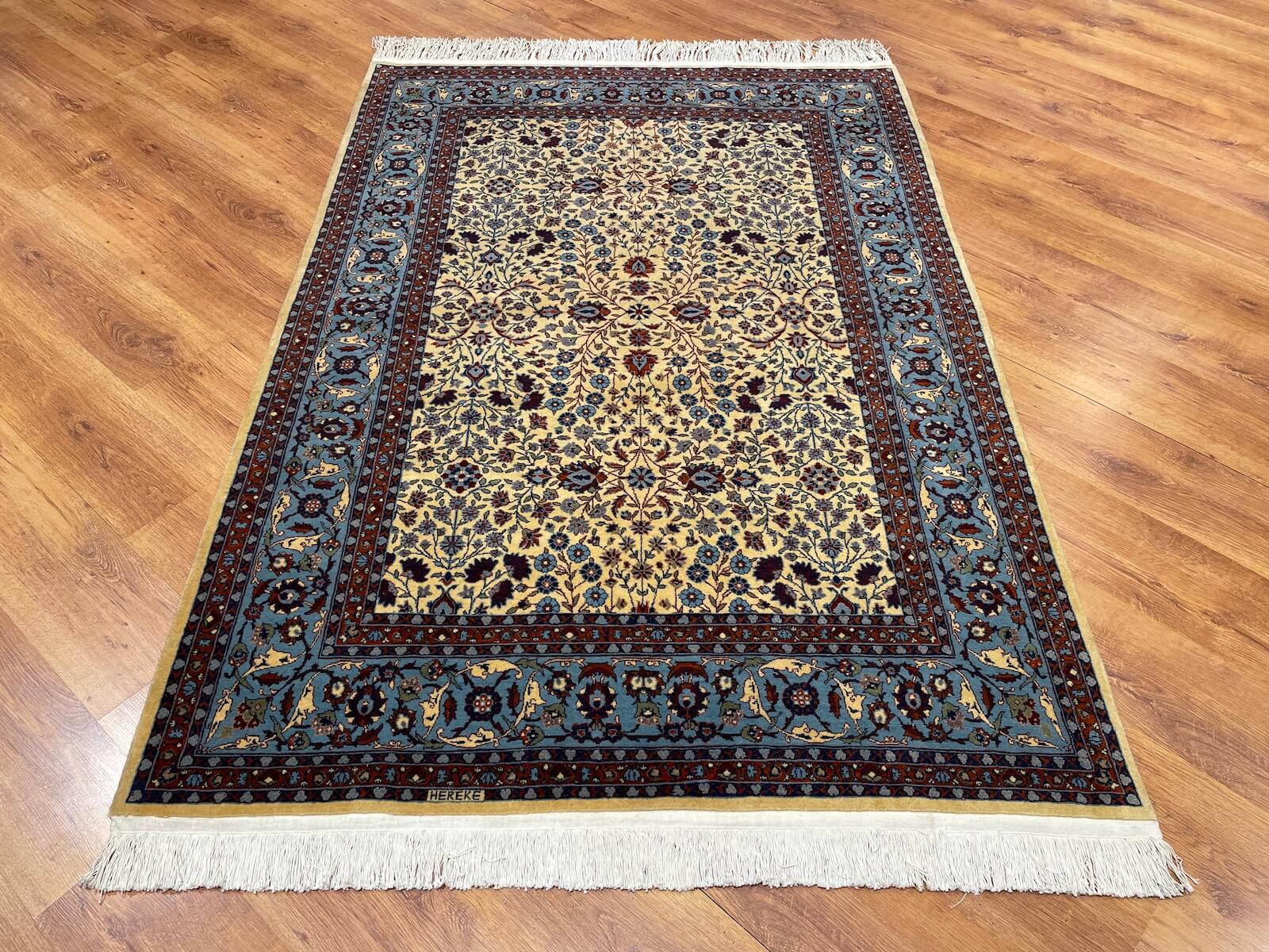 Hereke Yedidagin Cicegi Patterned Cream Handwoven Rug by Camel Carpet