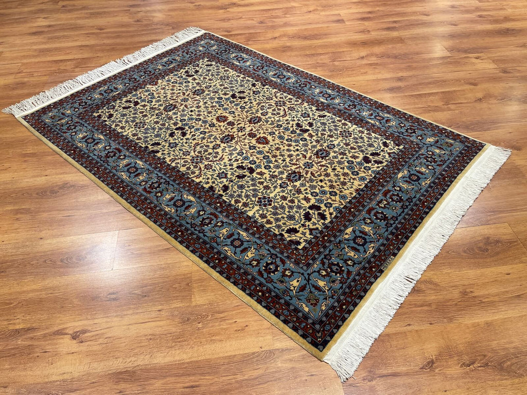 Hereke Yedidagin Cicegi Patterned Cream Handwoven Rug by Camel Carpet