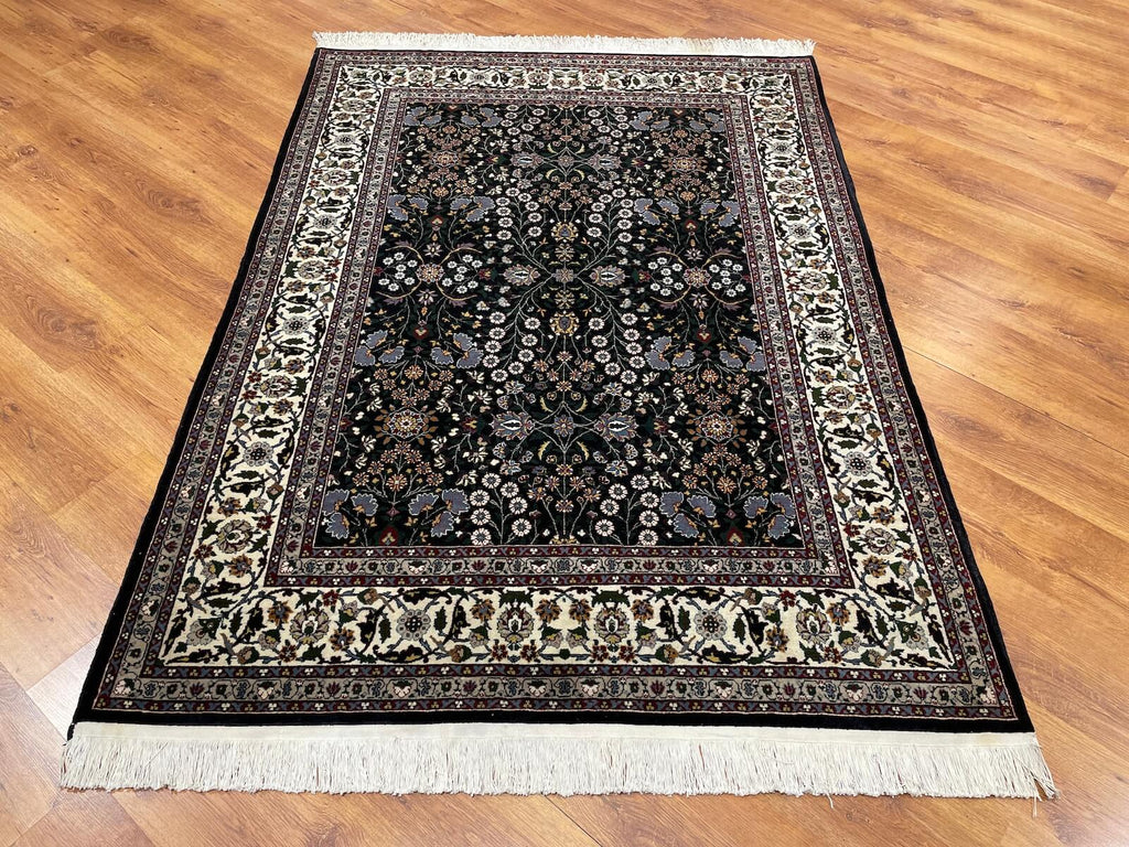 Hereke Yedidagin Cicegi Patterned Black Handwoven Rug by Camel Carpet