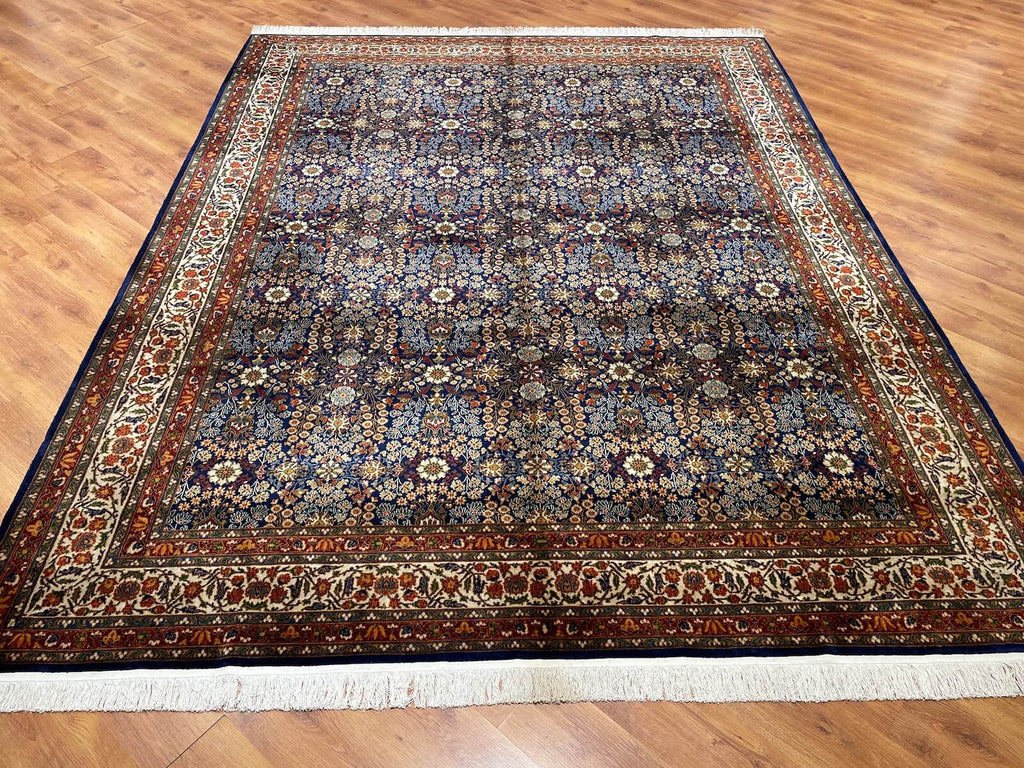 Hereke Yedidagin Cicegi Patterned Navy Handwoven Rug by Camel Carpet
