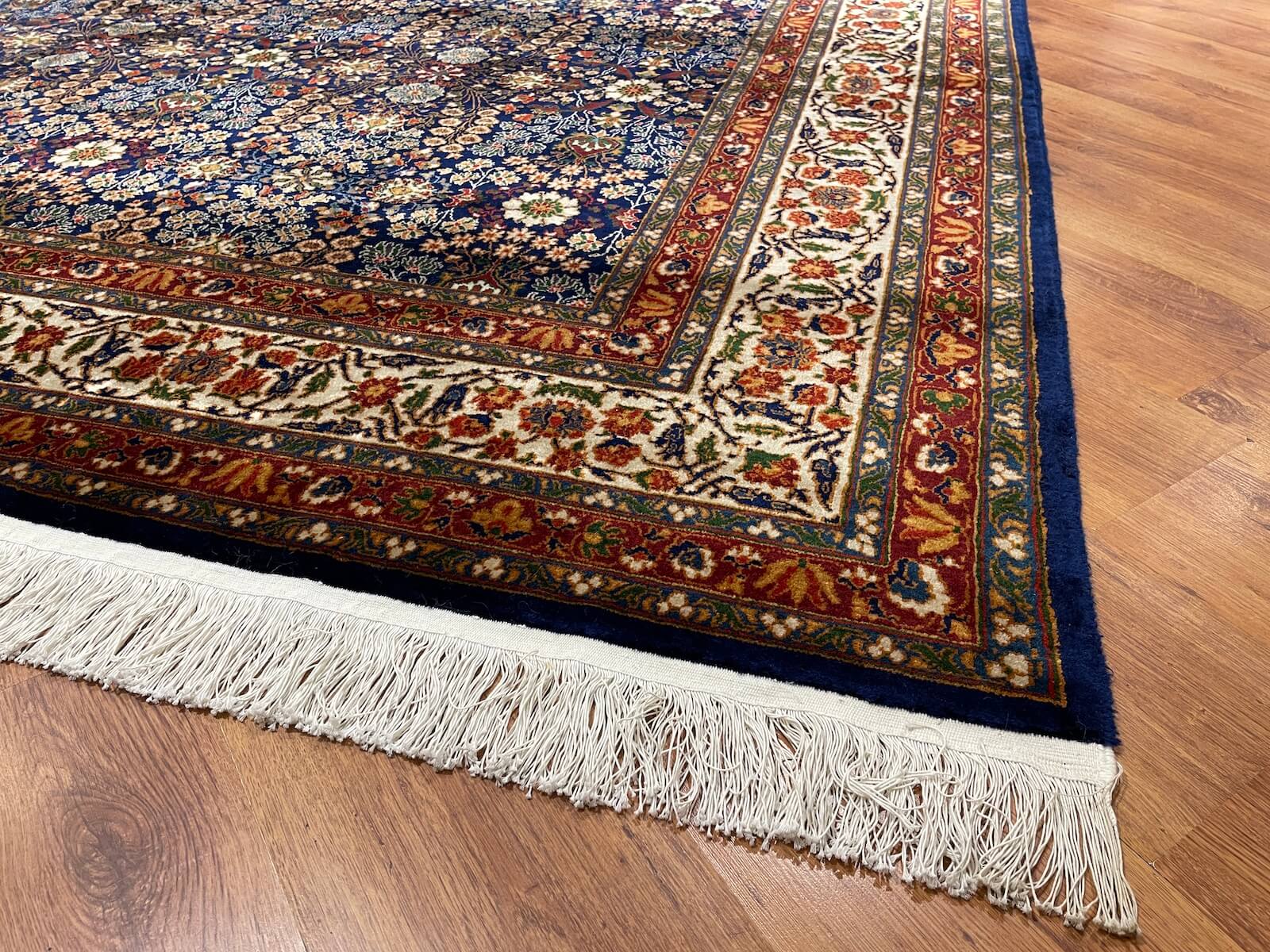 Hereke Yedidagin Cicegi Patterned Navy Handwoven Rug by Camel Carpet