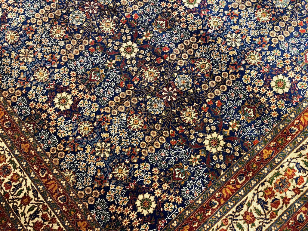 Hereke Yedidagin Cicegi Patterned Navy Handwoven Rug by Camel Carpet