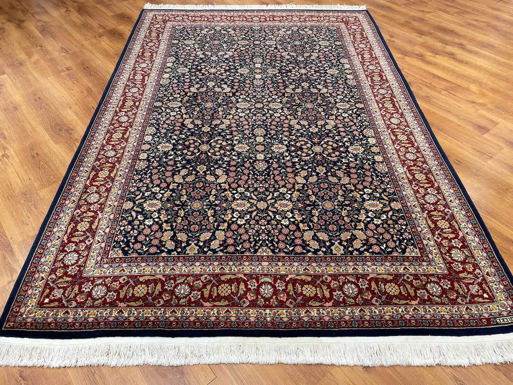 Hereke Yedidagin Cicegi Patterned Navy Handwoven Rug by Camel Carpet