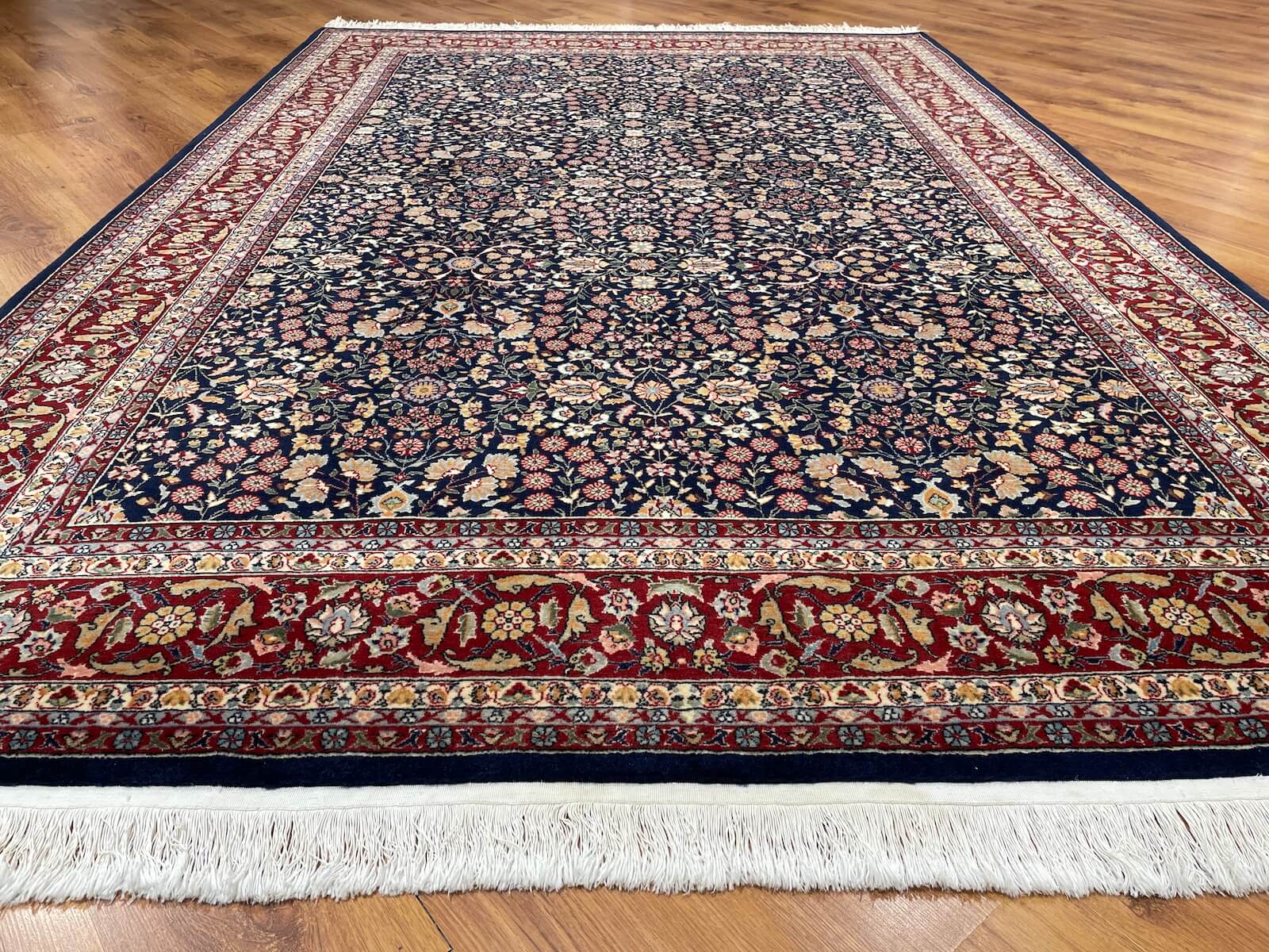 Hereke Yedidagin Cicegi Patterned Navy Handwoven Rug by Camel Carpet