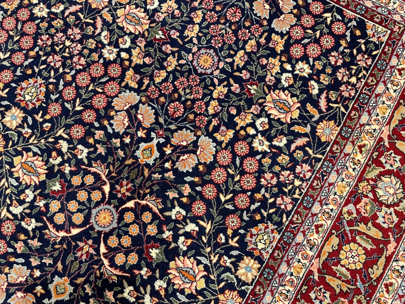 Hereke Yedidagin Cicegi Patterned Navy Handwoven Rug by Camel Carpet
