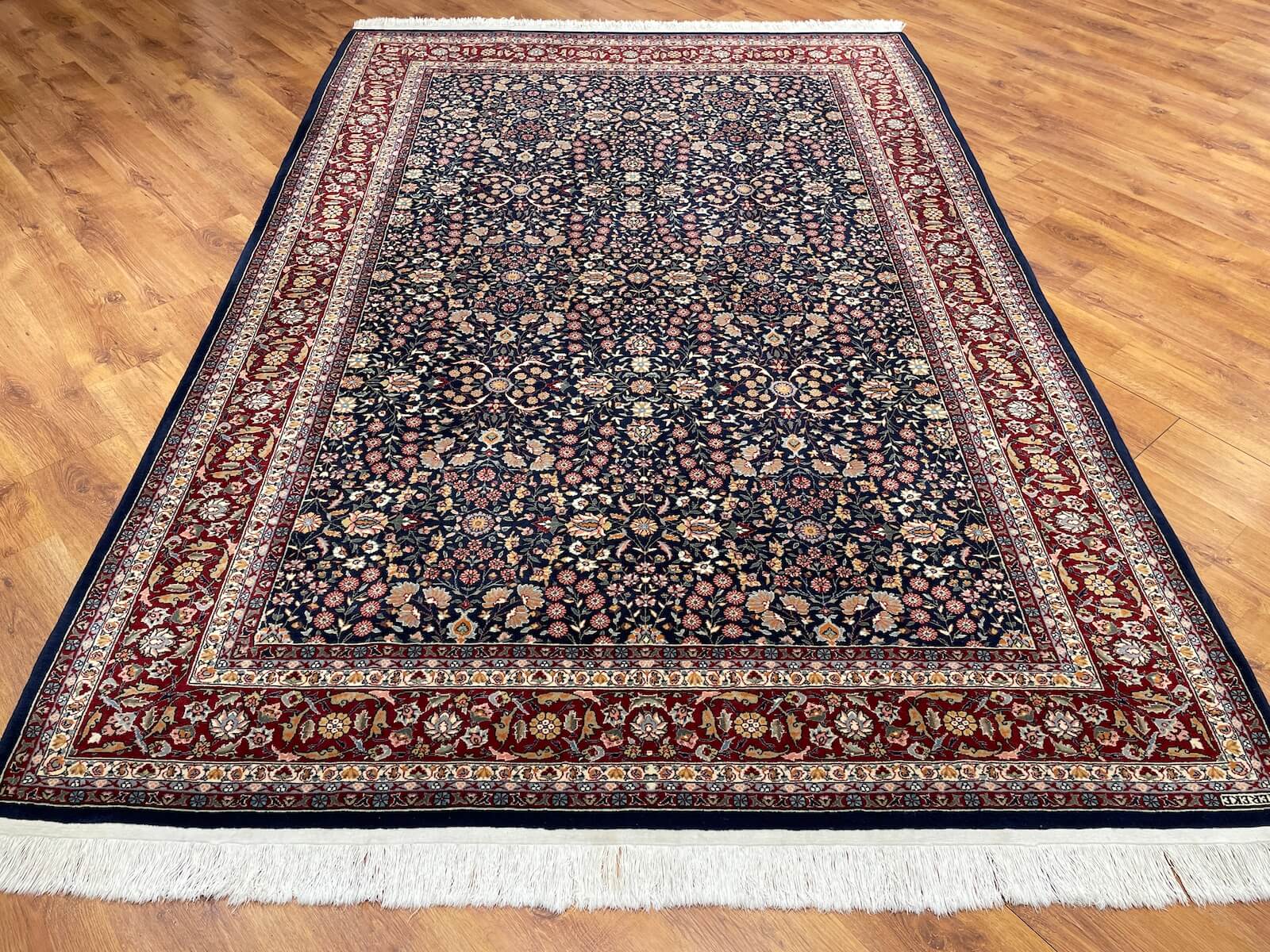 Hereke Yedidagin Cicegi Patterned Navy Handwoven Rug by Camel Carpet
