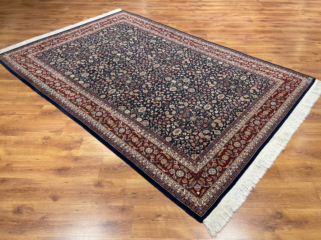Hereke Yedidagin Cicegi Patterned Navy Handwoven Rug by Camel Carpet