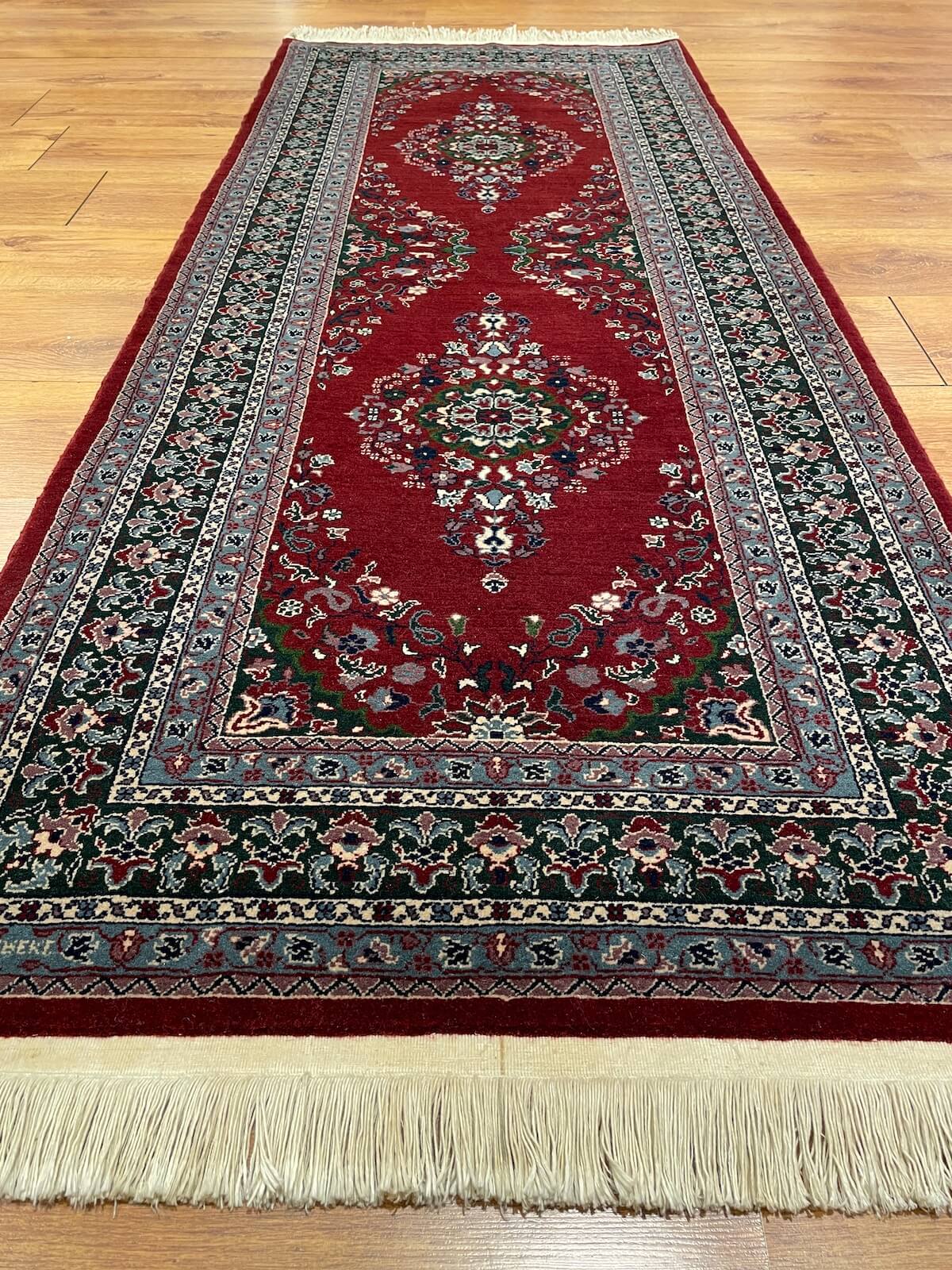 Hereke Madalyon Patterned Bordo Handwoven Runner Rug by Camel Carpet
