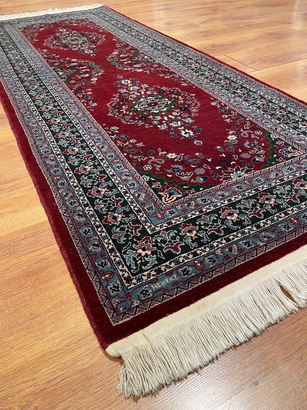 Hereke Madalyon Patterned Bordo Handwoven Runner Rug by Camel Carpet
