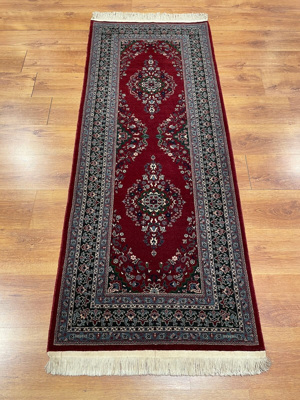 Hereke Madalyon Patterned Bordo Handwoven Runner Rug by Camel Carpet