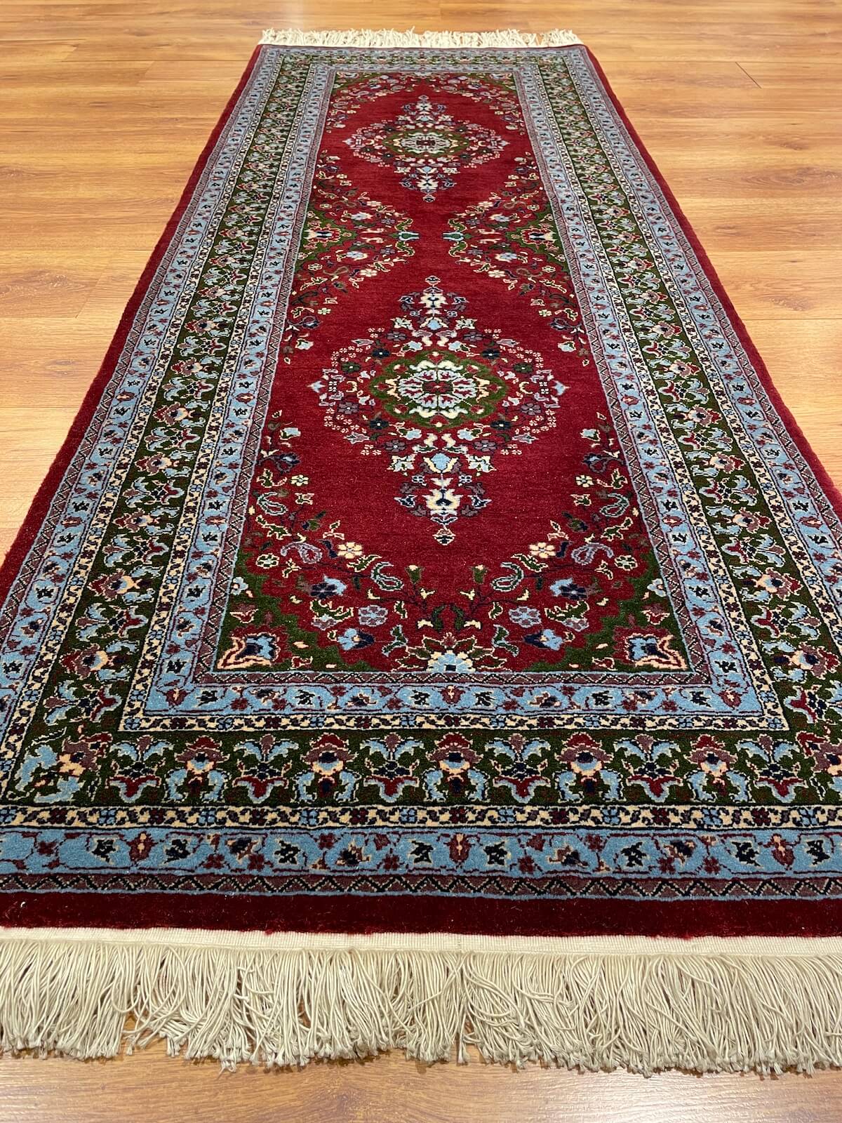 Hereke Madalyon Patterned Bordo Handwoven Runner Rug by Camel Carpet