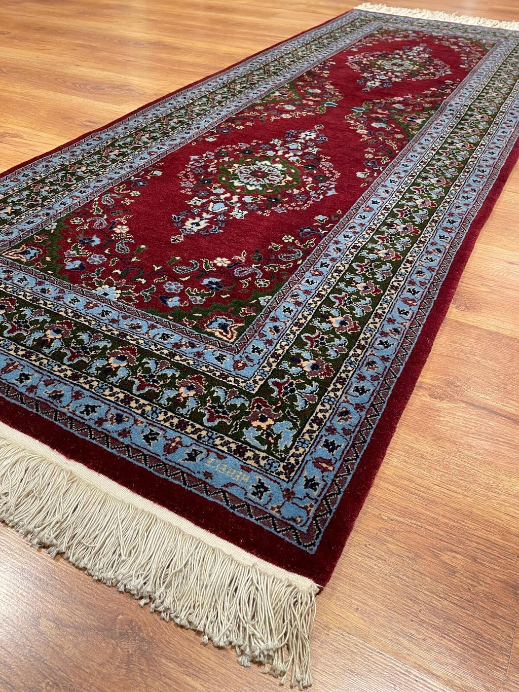 Hereke Madalyon Patterned Bordo Handwoven Runner Rug by Camel Carpet