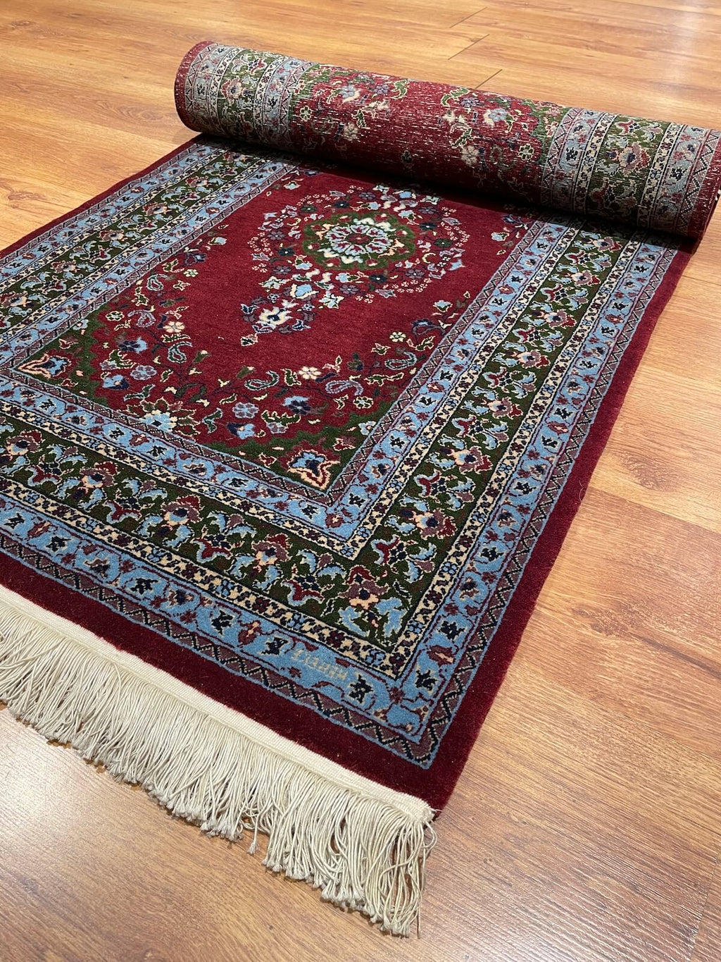Hereke Madalyon Patterned Bordo Handwoven Runner Rug by Camel Carpet
