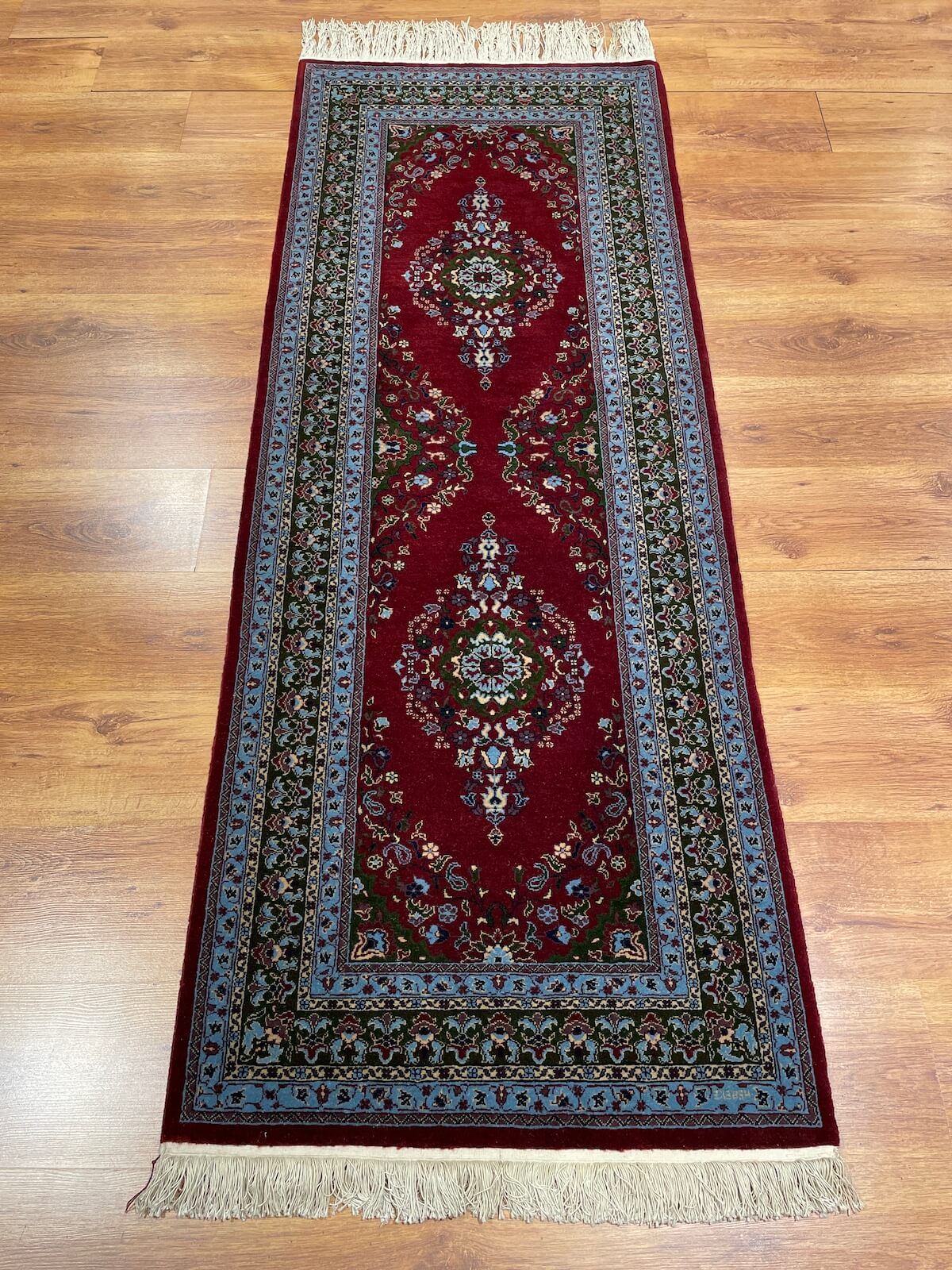 Hereke Madalyon Patterned Bordo Handwoven Runner Rug by Camel Carpet