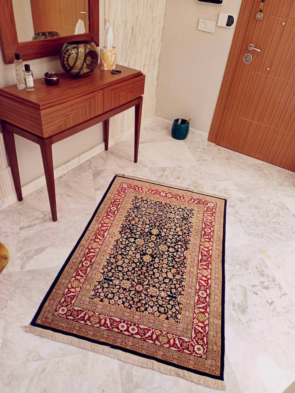 Hereke Pure Silk Seven Mountains Flower Patterned Handwoven Rug by Camel Carpet