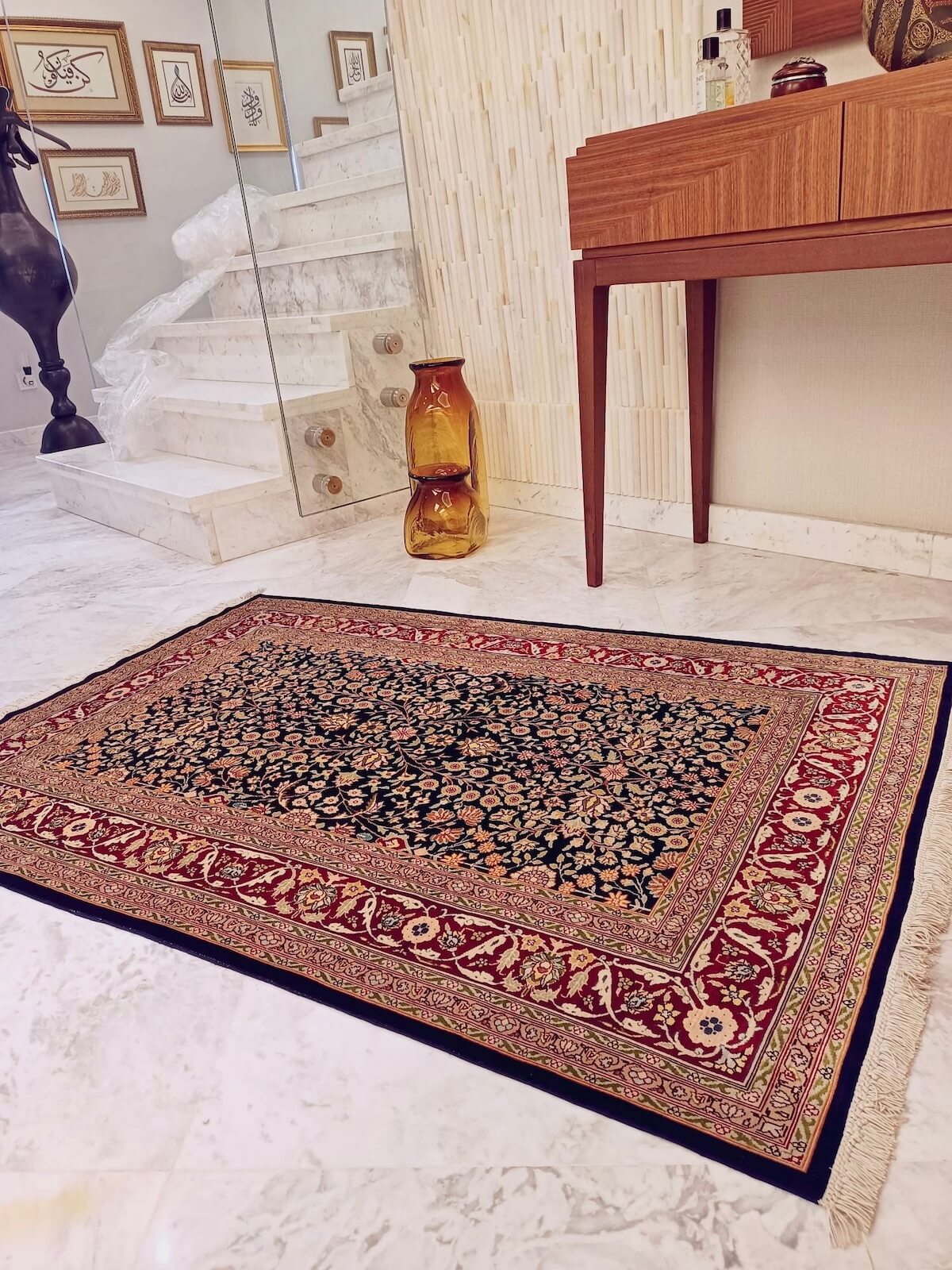 Hereke Pure Silk Seven Mountains Flower Patterned Handwoven Rug by Camel Carpet