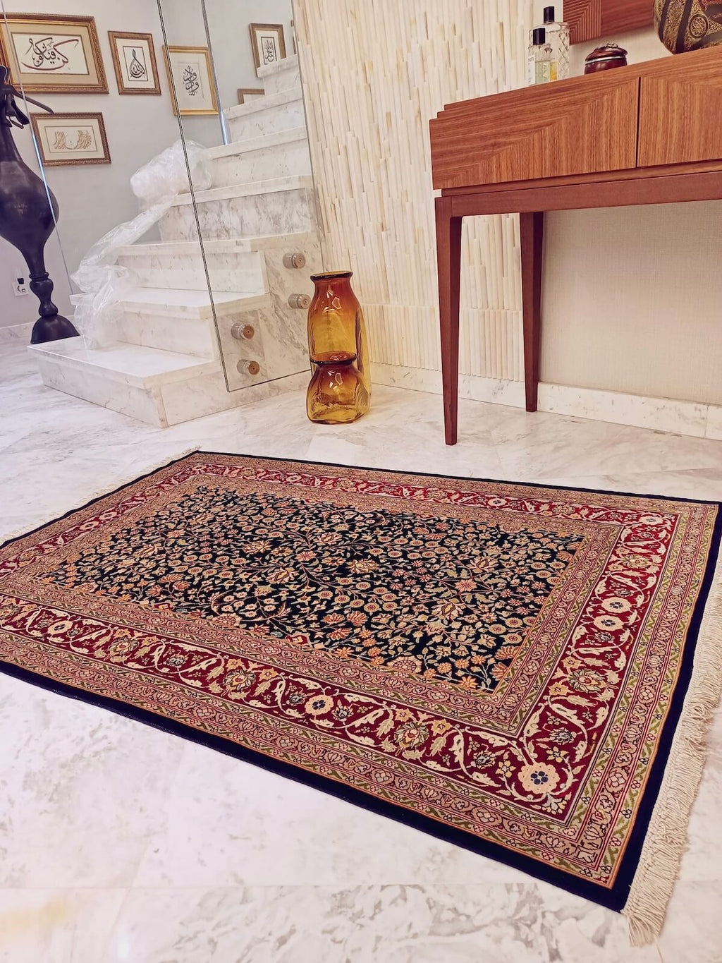 Hereke Pure Silk Seven Mountains Flower Patterned Handwoven Rug by Camel Carpet